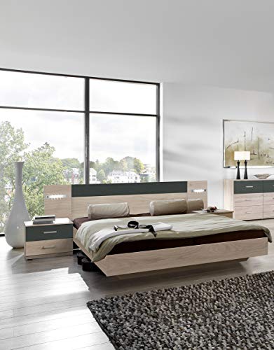 Ensemble Lit adulte avec LED et 2 chevets en Imitation chêne Hickory rechampis graphite - 160 x 200 cm -PEGANE-