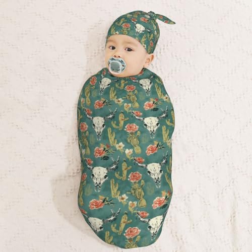 Image of Western Bull Skulls and Cactus Newborn Swaddle Blankets Hat Sets Soft Baby Receiving Blanket Swaddle Sack for Baby Shower Infant Boy Girl Gift
