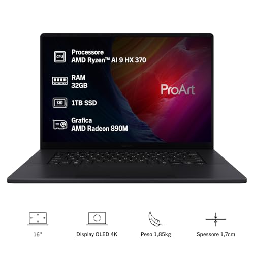 ProArt P16 H7606WM#B0F2HX8J6N, Notebook con Monitor da 16" OLED Glossy, 60Hz, AMD Ryzen™ AI 9 HX 370, RAM 32GB, 1TB SSD, Win 11Home, Nero - Notebook - Immagine 7