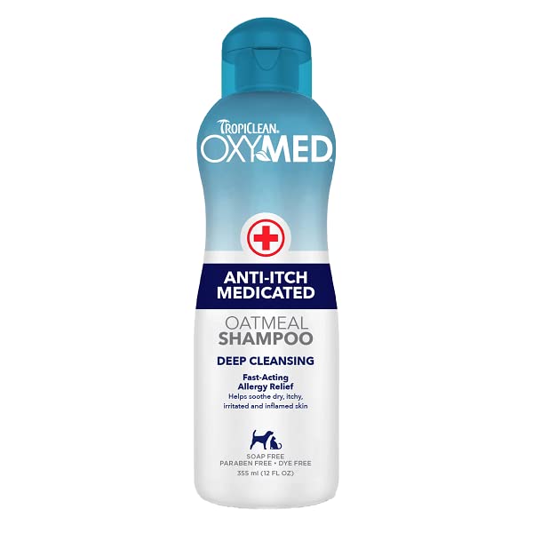TropiClean OxyMed Medizinisches Hundeshampoo - Allergien & Juckreiz - Linderung und Reinigung bei juckender Haut, Schuppenbildung, Seborrhoe, Hot Spots, Entzündungen - Anti-Juckreiz Shampoo, 355ml