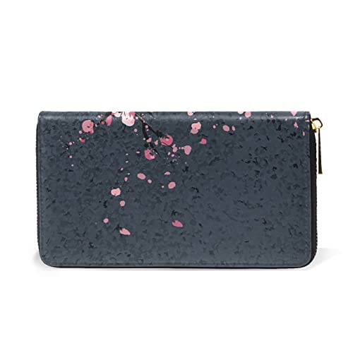 Cherry Blossom Black Leather Long Wallet Organizer with Zipper Purse Clutch Bag for Women Men2