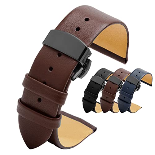 Strapseeker Minimalistisches Uhrenarmband aus dünnem, weichem, flachem Kalbsleder mit schwarzem Schmetterlingsverschluss, elegantes Design, Größe wählbar (Braun, 18 mm) Cover