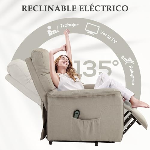 HOMCOM Sillón Relax Reclinable Eléctrico Levanta Personas, Sillón Elevador con Control Remoto, Reposapiés, Tapizado en Lino, Bolsillo Lateral, para Salón, Dormitorio, Beige - imagen 5
