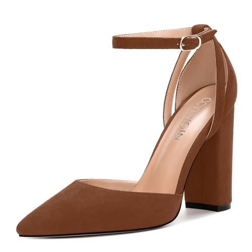 Pointed Toe Pumps - Fashion Ankle Strap Closed Toe Heels, Chunky Heels for Women