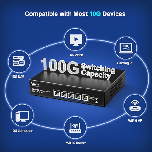 Image of 4-Port 10G PoE Switch with 10G Uplink Port, VIMIN 4-Port 10Gbe PoE Network Switch, Auto-Negotiation, for 10G NAS Network, Support IEEE802.3af /at, Plug & Play, 65W, 100Gbps Switching Capacity