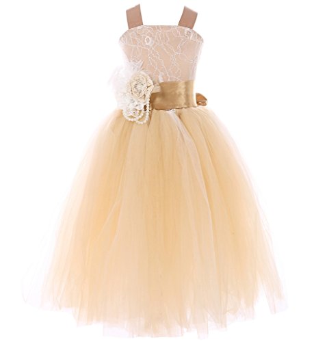 FAYBOX Pageant Wedding Flower Girl Dress Crossed Back Bow Feather Sash Fluffy 4 Gold