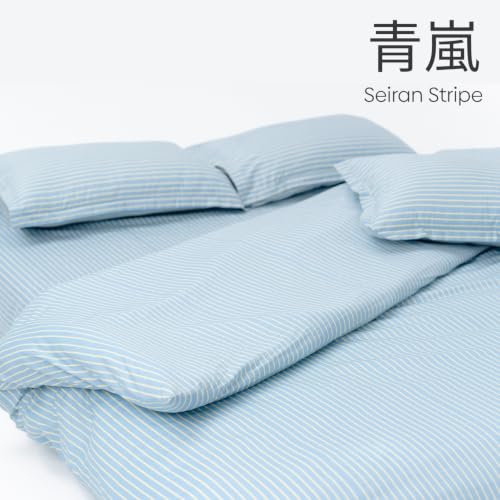 Image of Haus & Kinder Double Bed Bedsheet 90 x 100 | 186 TC Pure Cotton Bed Sheet Double Bed with 2 Pillow Covers | Queen Size Bed Sheet | Seiran Stripe Blue Breeze