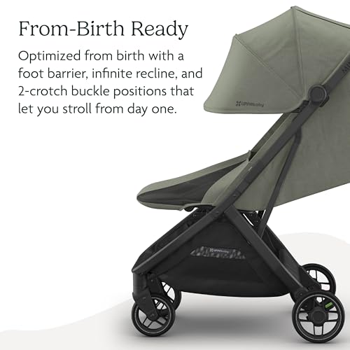 Image of UPPAbaby Minu V3 Travel Stroller | Lightweight + Compact Design | One-Hand Fold + Unfold | from Birth + Overhead Compatible | Evelyn (Meadow Green /Carbon Frame /Chestnut Leather)