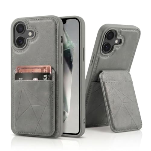 Image of amazon basics Premium Vegan Leather Back Cover with Card Holder and Integrated Mobile Stand for iPhone 17 - Slim Shockproof Wallet Case with Geometric Stitching [Gray]