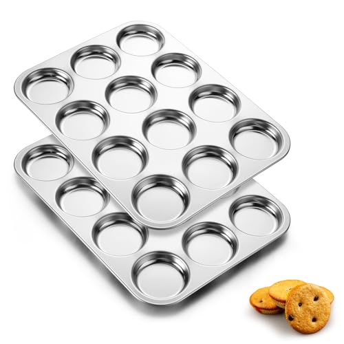 Image of E-far Muffin Top Pan, 12-Cavity Stainless Steel Shallow Cupcake Pan for Yorkshire Pudding, Eggs, Whoopie Pie, Cornbread, Non-toxic & Dishwasher Safe - 2 Pcs