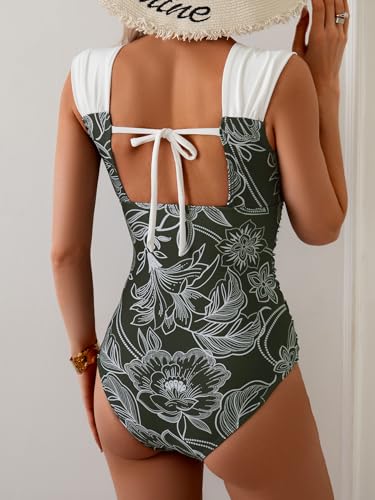 Image of B2prity Womens One Piece Swimsuit Retro Square Neck Tummy Control Bathing Suits Ruched Modest Full Coverage Swimwear