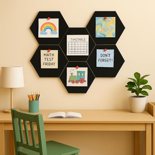 Image of MMT Acoustix PinFelt Hexagon Bulletin Board - Set of 7 12x12 inch Felt Office Pin Board Tiles Notes Reminders & Work Organisation Self-Adhesive Pin-Friendly Acoustic Panels for Wall (Piano Black)