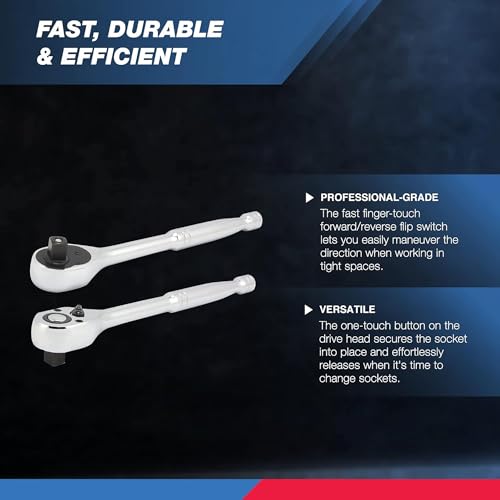 Image of Neiko 03103A 1 /2 Inch Ratchet Wrench, 72-Tooth Reversible Ratchet, Quick Release 1 /2 Drive Ratchet, 10 Inch Oval Head Socket Wrench, CR-V Steel Rachet Wrench