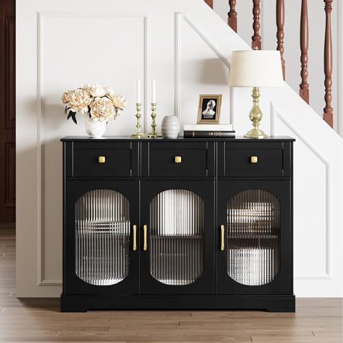 ITUSUT Kitchen Sideboard Buffet Cabinet with 3 Drawers & 3 Glass Doors, Large Kitchen Storage Cabinet, Modern Farmhouse Storage Buffet Table for Dinning Room 47\" W x 16\" D x 35\" H, Black