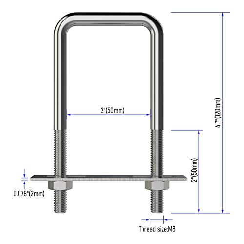 Image of 4 Sets 304 Stainless Steel Square U-Bolts Stainless with M8 Nuts, Frame Plate, Accessories for Automobiles Trailer, Boat Trailer Industrial Parts (50X120mm (W*L))