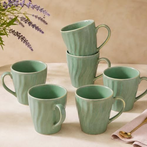 Image of The Earth Store Green Artisan Wave Coffee Mug - 340ML Ceramic Coffee Mugs Set of 6 | Microwave & Dishwasher Safe Mugs for Gift | Home | Office | Restaurant | Daily Use Tea Mug