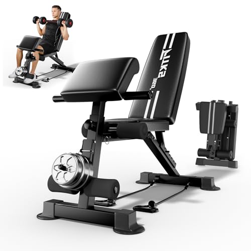 FITKS360 3-in-1 Adjustable Weight Bench with Leg Extension & Preacher Curl, Heavy-Duty 600LB Foldable Utility Bench for Full Body Workout, No-Installation Portable Incline/Decline/Flat Strength