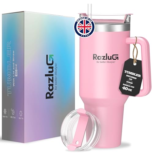 Razlug Large Tumbler with Straw and Lid (40oz) - Insulated Cup for Adults - Travel Tumbler Cup with Straw - Keeps Water/Drinks Hot & Cold for 24 Hours- (Sleek Pink) -Classic Design