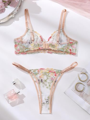 Image of Sexy Floral Embroidered Flower Mesh Underwire Push Up Lingerie Set