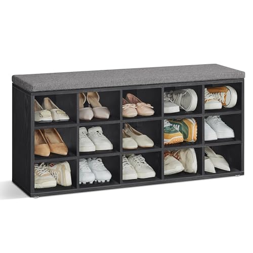 VASAGLE Banco Zapatero, Mueble Zapatero, Banco Recibidor con 15 Compartimentos y Asiento Acolchado, 30 x 105 x 48 cm, Entrada, Dormitorio, Sala de Estar, Negro Ébano y Gris Pizarra LHS015B02