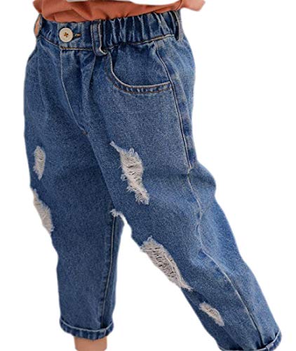 Calça jeans masculina Fubotevic com cintura solta e elástico rasgado envelhecido, Dark Blue, 2T