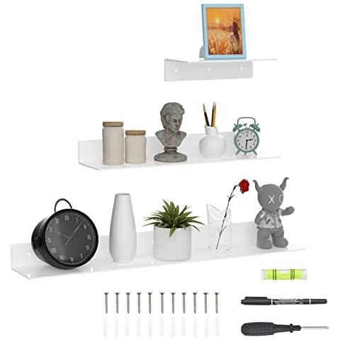 Sezanrpt 12 24 36 Inch White Wall Shelves, Long Shelf for Wall, Wide Acrylic White Floating Shelf for Living Room, Bedroom, Bathroom, Office Cover
