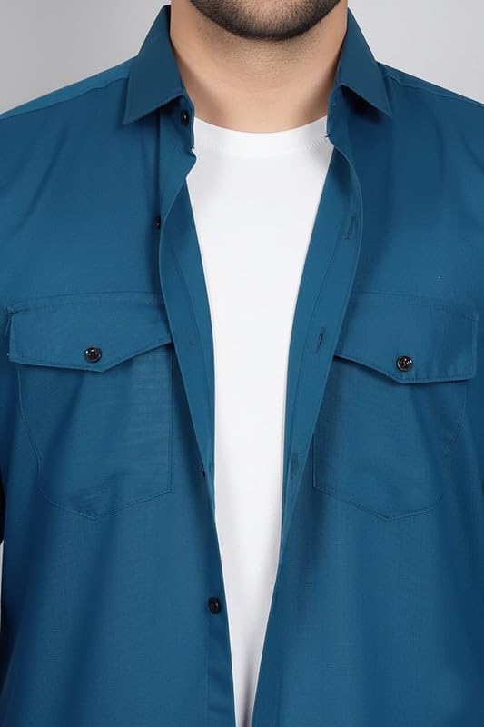 Image of DEELMO Men Solid Slim Fit Casual Overshirt Style Shirt | Full Sleeve Button-Down Layering Shirt Smart Casual Look