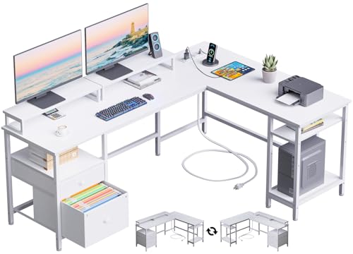 Furologee 66” L Shaped Desk with Power Outlet, Reversible Computer Gaming Desk with File Drawer & 2 Monitor Stands for Home Office with Storage Shelves, White
