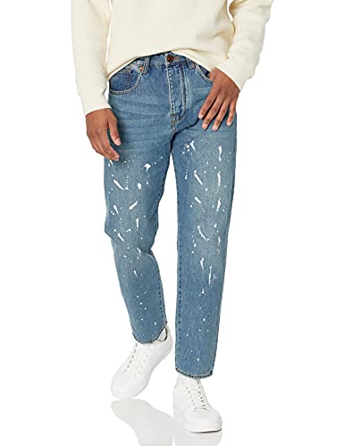 A|X ARMANI EXCHANGE Men's Splatter Paint Medium Blue Tapered Denim Jeans, Indigo Denim, 28