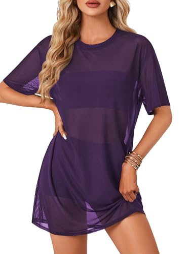 LYANER Women's Sexy Oversized Sheer Shirt Mesh Dress Dark Purple X-Small