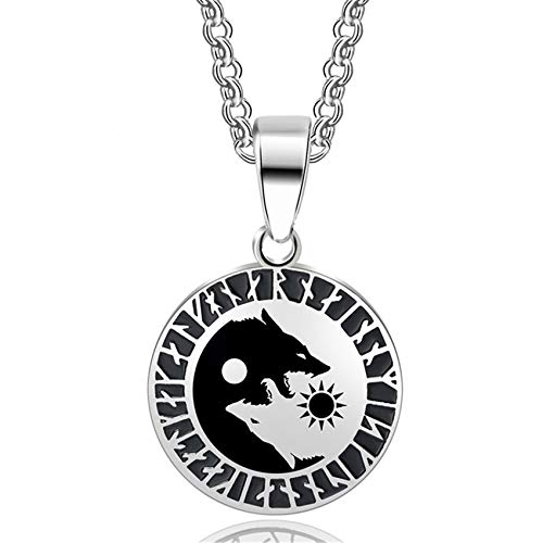 Meoliny Wolf Necklace Yin Yang Wolf Necklaces Disc Pendant Necklace Sun Moon Viking Rune Pendant Necklace for Men Women