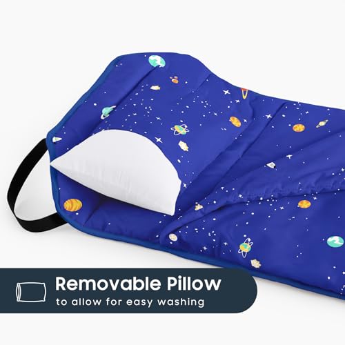 Image of Wake In Cloud - Cot Nap Mat with Pillow and Blanket, 100% Cotton Fabric, for Toddler Kids Boys Girls Ages 3 Plus in Daycare Kindergarten Preschool, Stars Space Rockets
