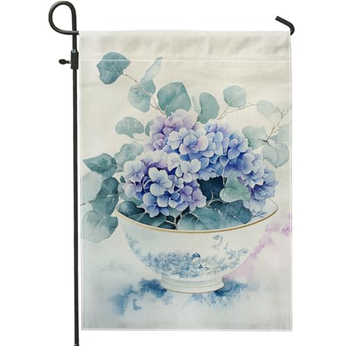 Drapeau floral de jardin, fleurs d'hortensia bleu, décoration botanique, drapeaux de jardin, drapeau de jardin double face en toile de jute, décoration saisonnière de pelouse, 30,5 x 45,7 cm