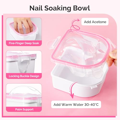 Image of MelodySusie Nail Soaking Bowl,Soak Off Gel Polish Remover,Manicure Bowl for Hand, Cuticle Remover Tools,Cuticle Peeler Scraper,Nail File & Buffer,Nail Brush, Mini Cuticle Oil 100Pcs