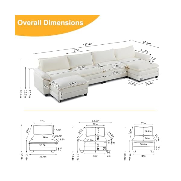 Karl home sectional sofa modular deep seat sofa couch with ottoman teddy fleece sofa sleeper comfy upholstered furniture for living room apartment studio office 4 seat 2 ottoman white  urban country home decor