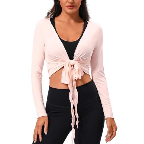 Totatuit Womens Tie Front Wrap Tops Long Sleeve Bolero Shrugs Crop Cardigan Yoga Ballet Cover up Tops Pilates Outfits