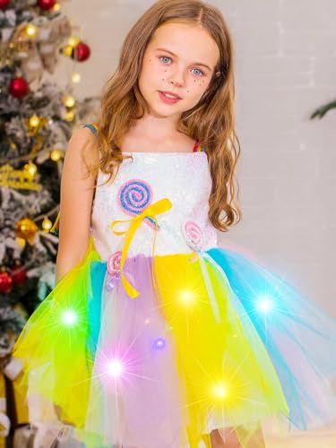 EASEDAILY Girls Light Up Sequin Tutu Dress Sleeveless LED Rainbow Tulle Dress Glow Princess Birthday Party Dresses3