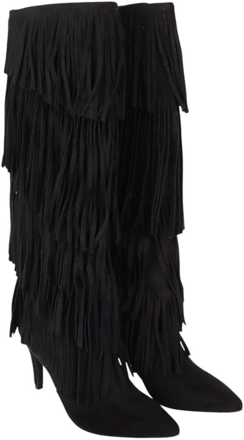 Liliana Women's Knee High Fringe Boots Pointy Toe Stilettos High Heels Boots