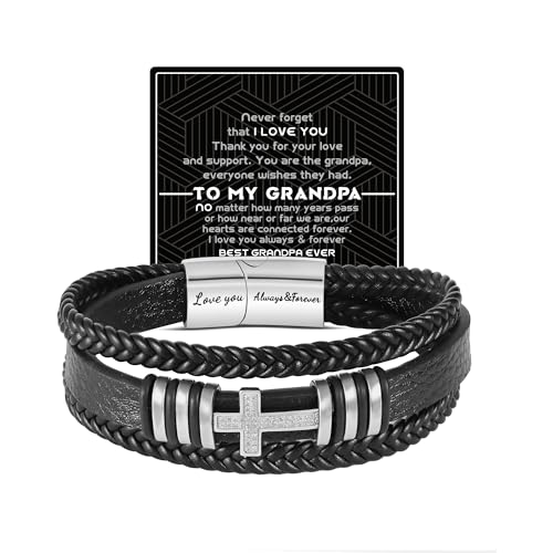 GIFT4U Father Day Gifts for Grandpa, Birthday Christmas Gifts for Grandpa, Cross Bracelet for Men Mens Leather Bracelet Best Unique Anniversary Birthday Christmas Gift for Grandfather from Grandchildren