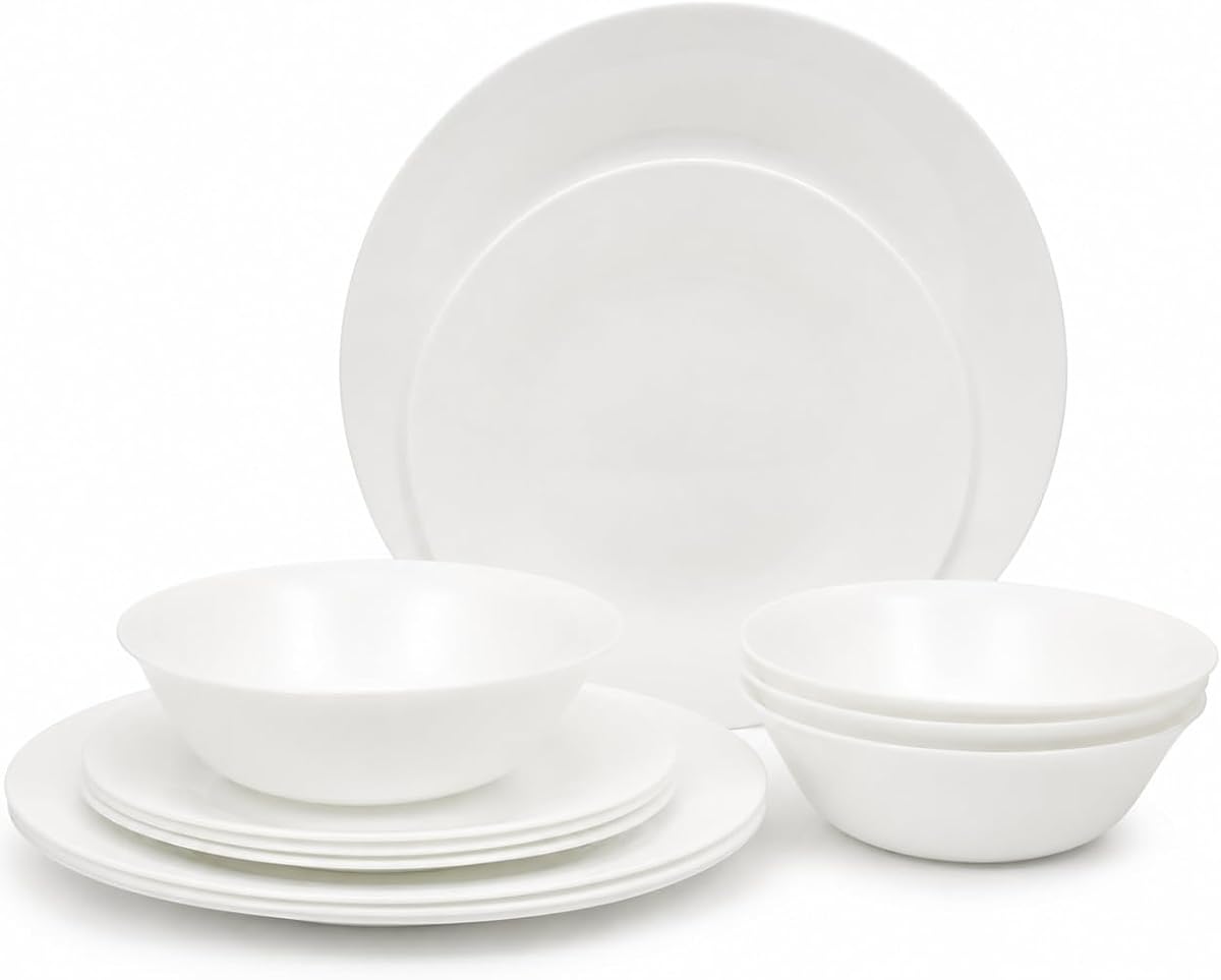 Vanilla Hills Juego de vajilla de vidrio ópalo de 12 piezas, servicio para 4 – Incluye platos llanos de 10", platos de ensalada de 8" y tazones de 6.5" – Apto para microondas, apto para lavavajillas, resistente a astillas – Blanco, redondo