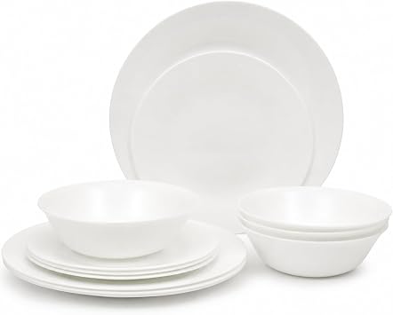 Gibson Home Vanilla Hills 12-Piece Opal Glass Dinnerware Set, Service for 4 Includes 10" Dinner Plates, 8.5" Salad Plates & Bowls Microwave Safe, Dishwasher Safe, Chip Resistant White, Round