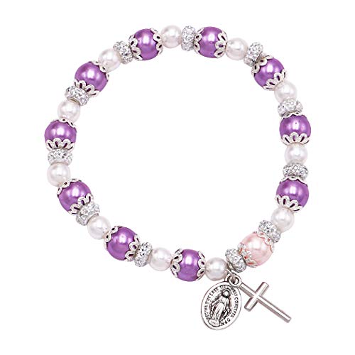 Rosemarie Collections Women's Simulated Pearl Beaded Stretch Rosary Bracelet with Crucifix and Miraculous Medal (Purple)