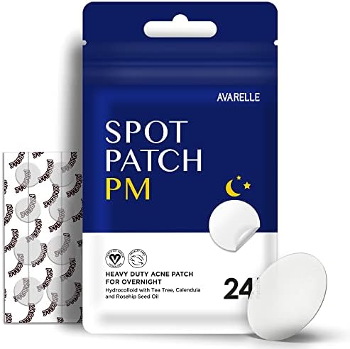 AVARELLE Acne Spot Patch PM Acne Clearing Device & Thick Hydrocolloid Spot Treatment with Tea Tree Oil for Acne, Calendula Oil, and Rosehip Seed, Certified Vegan, Cruelty Free (PM (24 Count))