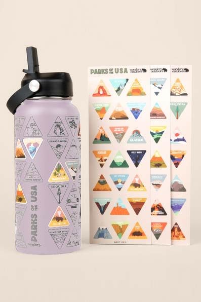 Image of Wondery USA National Parks Water Bottle With 63 Waterproof Stickers of Parks (USA), 32 oz Stainless Steel Water Bottle for Traveling, Hiking, Camping, National Park Gifts - Frosty Lilac