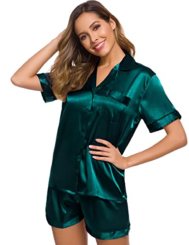 Image of SWOMOG Womens Silk Satin Pajamas Set Short Sleeve Sleepwear Button Down Top and Shorts Loungewear 2 Piece Pjs Set XS-3XL Deep Green Solid Large
