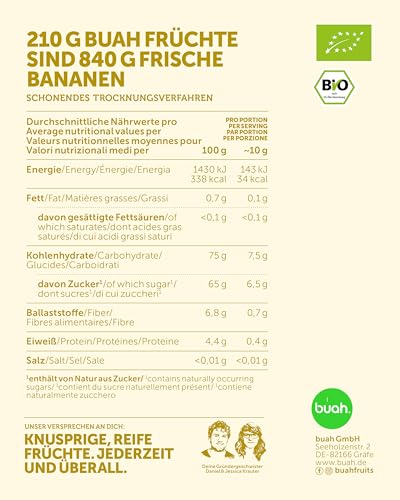BUAH® Gefriergetrocknete Bio Bananen | Bananen Chips Als Snack Oder Für Smoothies | Idealer Süßigkeiten Ersatz | Vegan & ohne Zuckerzusatz | 210g
