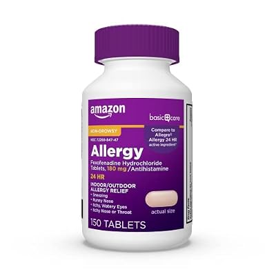 Amazon Basic Care All Day Allergy Relief, Fexofenadine Hydrochloride Tablets, 180 mg, Antihistamine, Non-Drowsy, 24-Hour Relief for Sneezing, Itchy Eyes, Runny Nose, Hay Fever, 150 Count