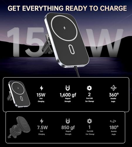 Image of Mukiya for MagSafe Car Mount Charger with Adapter, 360 Rotation Magnetic Wireless iPhone Car Charger for Air Vent, Compatible with iPhone 17 /16 /15 /14 /13 /12 Series, Gifts for Husband /Men