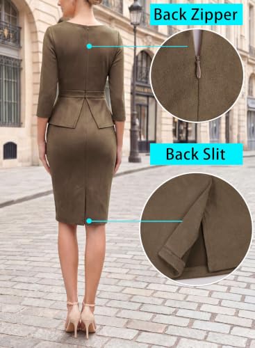 Image of VFSHOW Womens Pleated Crew Neck Peplum Slim Work Business Bodycon Dress | 3 /4 Sleeves, Professional Elegant Church, Funeral, Spring Fall, Fitted Office Pencil Sheath Dress