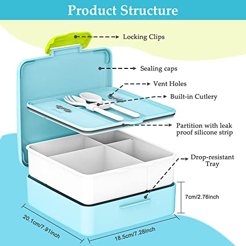 Bento Lunch Box Kids Children, Lunchbox With 4 Compartments, Spoon, Fork And Fruit Picks, Blue Food Containers For Boys, Daycare/Travel/School, Leak-Proof, Bpa-Free, Microwave/Dishwasher/Freezer Safe #TOP1